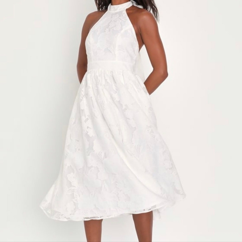 NWT Lulus White Floral Burnout Halter Midi Dress XS